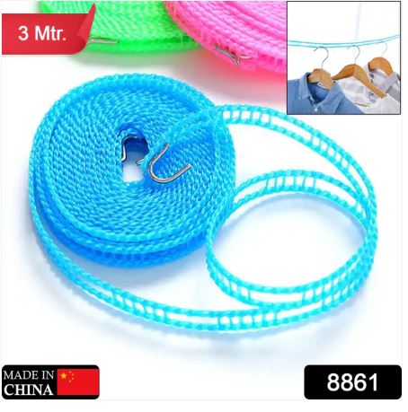 3 Meter Anti-Slip Clothesline Rope – Nylon Drying Line with Hooks for Indoor & Outdoor Use