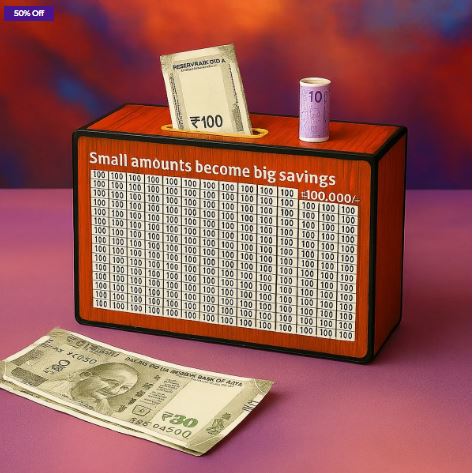 Vasu Creation Wooden Daily Savings Box | Money Saving Piggy Bank for Home & Kids | Coin & Cash Storage Box - Image 2