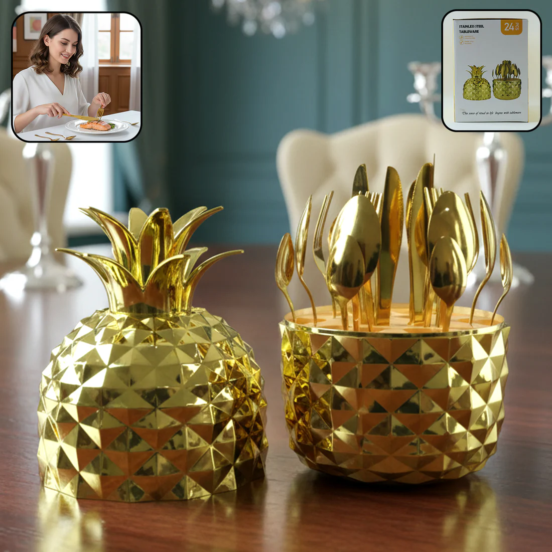 24-Piece Golden Stainless Steel Cutlery Set with Luxury Pineapple Stand - Image 7