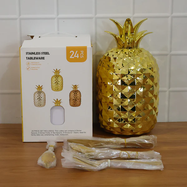 24-Piece Golden Stainless Steel Cutlery Set with Luxury Pineapple Stand - Image 8