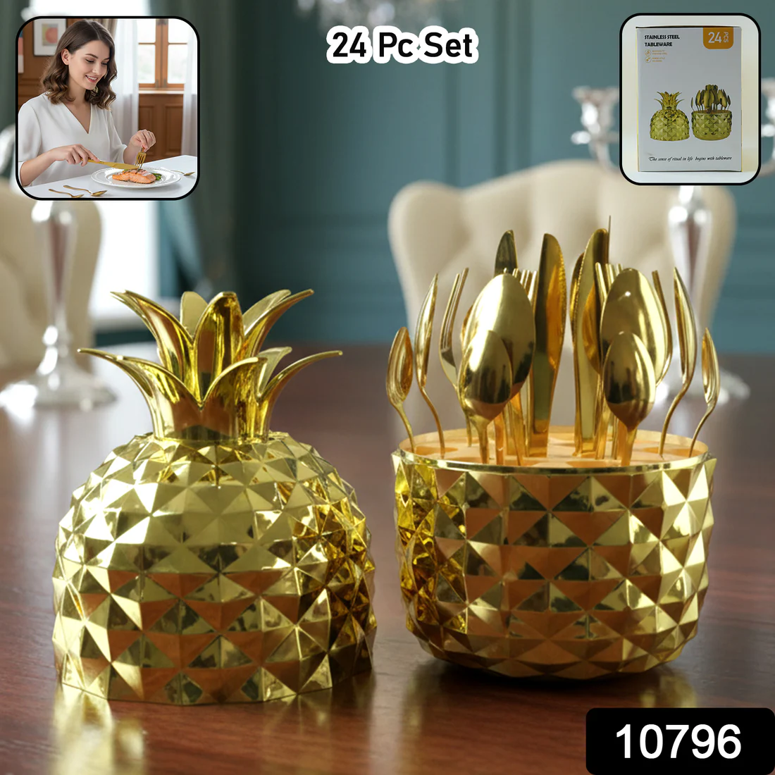 24-Piece Golden Stainless Steel Cutlery Set with Luxury Pineapple Stand