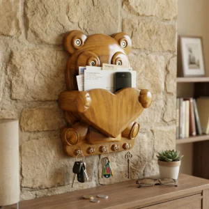 Cute Panda Shape Wooden Finish Wall Mounted Key Holder with Storage Pocket