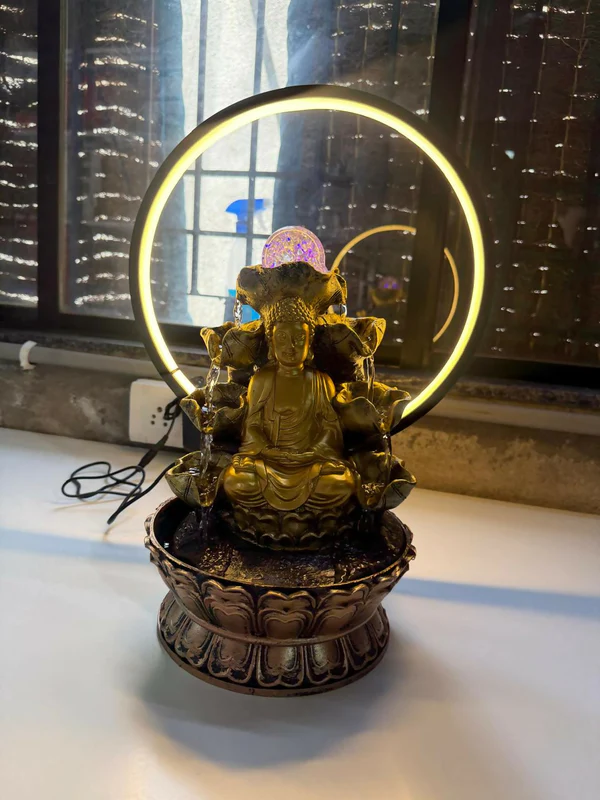 Zen Buddha Tabletop Water Fountain | LED Ring Light & Silent Flow Edition - Image 2