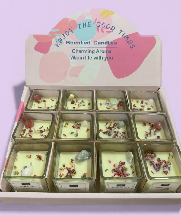 Luxury Scented Square Candle Set of 12 | Crystal & Dried Flower Aromatherapy
