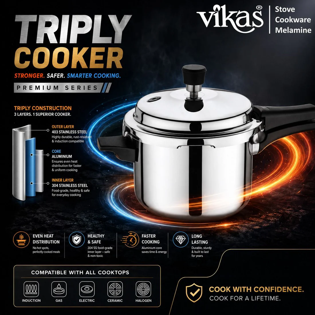 Vikas Tri-Ply Stainless Steel Pressure Cooker with Even Heating Core