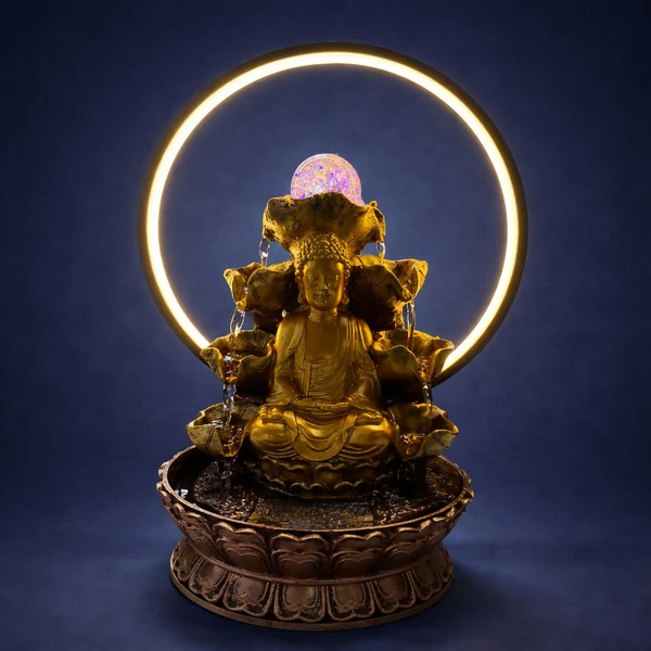 Zen Buddha Tabletop Water Fountain | LED Ring Light & Silent Flow Edition - Image 3