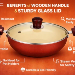 Vikas Ceramic Deep Kadai with Glass Lid & Wooden Handles - Brown