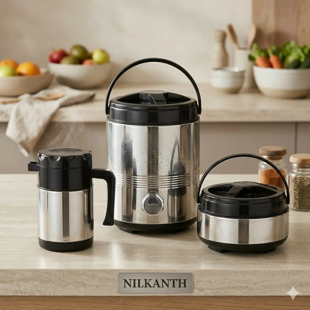 Nilkanth 3-Piece Stainless Steel Combo Set - Insulated Jug, Hot Pot & Flask
